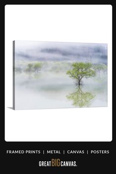 a painting with trees in the fog on it's sides and text that reads framed prints metal canvass posters great big canvass