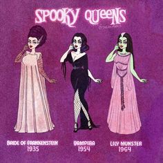 three women in dresses with the words spooky queens on them