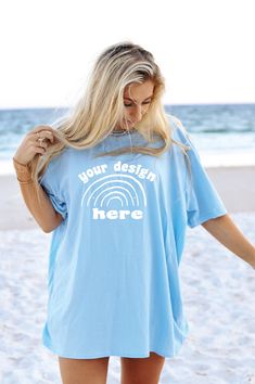 Light Blue Short Sleeve T-shirt For Summer, Blue Summer T-shirt For Vacation, Casual Short Sleeve T-shirt With Custom Print, Blue Short Sleeve Top For Vacation, Trendy Blue Crew Neck T-shirt, Blue Crew Neck T-shirt With Screen Print, Light Blue Crew Neck Shirt For Summer, Light Blue Graphic Tee For Summer, Light Blue Cotton T-shirt For Beach