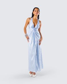 The perfect look for a little midnight magic 🪄 Constructed from floral jacquard fabric, this baby blue rosette maxi dress is complete with a halter tie and a deep v-neck for a classy and pristine look 💙 Glamorous Maxi Dress With Tie Back For Gala, Glamorous Tie Back Halter Dress For Prom, Glamorous Tie-back Halter Dress For Prom, Glamorous Maxi Dress With Tie Back, Summer V-neck Halter Dress For Gala, Summer V-neck Halter Gala Dress, Glamorous Maxi Halter Dress For Wedding, Glamorous Maxi Length Halter Dress For Wedding, Prom Maxi Dress With Tie Back And V-neck