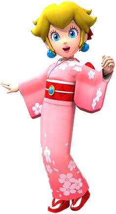 a woman in a pink kimono is standing with her arms out and hands outstretched