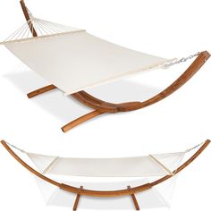 two hammocks with chains attached to them, one is white and the other is brown