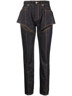 navy blue cotton denim cut-out detailing contrast stitching high waist belt loops front button and zip fastening tapered leg Cutout Jeans, Blue Jean Outfits, Mcqueen Sneakers, Custom Jeans, Simple Fits, Tapered Jeans, Suit Accessories, Tailored Pants, Clean Girl