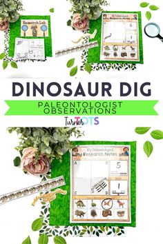 the dinosaur dig game is shown with flowers and leaves