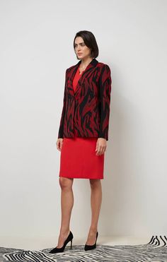 Join the fashion elite in this exquisite French jacquard cutaway party blazer that dazzles with its allover swirls of Chinese red, wine, and black, framed with solid black ponte knit trims. Luxury Winter, Carlisle, Fine Fabric, Fall Collections, Winter Collection, Solid Black, The Fashion, Red Wine, Shopping Outfit