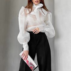 Mesh Sheer Puff Sleeve Bow Top White Chiffon Tops, Organza Blouse, Fishnet Top, Mesh Long Sleeve Top, Puff Sleeve Shirt, Mesh T Shirt, Mini Robes, White Chiffon, Loose Outfit