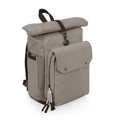 the back pack is made out of canvas and has a zippered compartment for storage