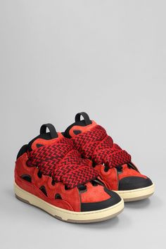 Curb Sneakers in red suede, round toe, contrast laces, logo on upper tongue, suede details, rubber outsole, Made in Portugal | Lanvin Women's Curb Sneakers in Red Suede | FW23/24 Suede Sneakers With Elastic Laces, Suede Skate Shoes With Contrast Sole And Round Toe, Suede Skate Shoes With Contrast Sole, Suede High-top Lace-up Sneakers, High-top Suede Skate Shoes With Rubber Waffle Outsoles, Red Leather High-top Sneakers With Rubber Sole, Red Skate Shoes With Rubber Waffle Outsoles For Streetwear, Red Lace-up Sneakers With Contrast Sole, Suede High-top Sneakers With Laces And Round Toe