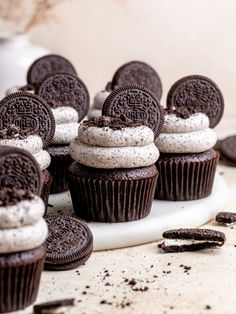 chocolate cupcakes with oreo cookies and white frosting