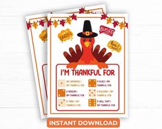 a thanksgiving card with an image of a turkey wearing a pilgrim hat and saying, i'm thank for