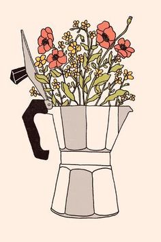 a drawing of a coffee pot with flowers in it and a pair of scissors next to it