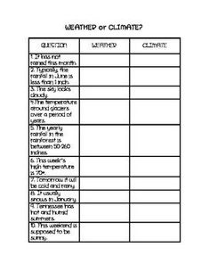 the weather and climate worksheet is shown in black and white, with text on it