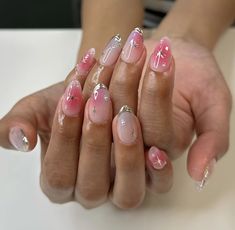 Pink Chrome Nails With Pearls, Pink Opal Nails, Famous Nails, Rounded Acrylic Nails, Concert Nails, Pink Chrome Nails, Airbrush Nails, Simple Gel Nails