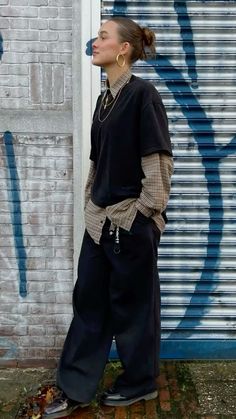 Baggy Rainy Day Outfit, Outfits With Pinstripe Pants, European Layered Fashion, Tshirt Over Shirt Outfit Women, Women Streetwear Winter, Dressy Emo Outfits, Sweater Vest And T Shirt, Simple Attractive Outfits, Baggy Collared Shirt Outfit