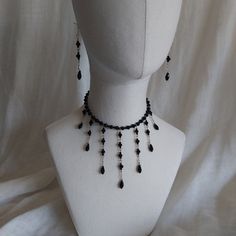 Hand made black glass beaded jewelry set  Up to 18 in adjustable length  Black goes with absolutely everything. Adjustable Black Beaded Jewelry, Elegant Black Necklace With Adjustable Length, Adjustable Black Czech Glass Jewelry, Gothic Adjustable Beaded Necklaces For Party, Adjustable Gothic Beaded Necklaces For Parties, Adjustable Black Gothic Necklace, Black Adjustable Gothic Necklace, Black Beaded Dangle Necklace, Black Dangle Beaded Necklace For Party