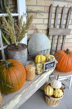 pumpkins and gourds are sitting on the porch