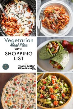 the vegetarian meal plan with shopping list is shown in four different pictures, including pizzas and salads