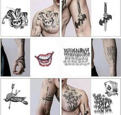 many different tattoos on the arms and chest are shown in multiple pictures, one with an evil