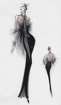 a drawing of a woman in a black dress with feathers on her head and legs