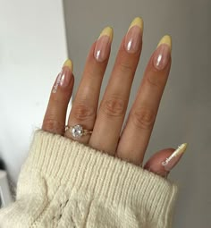 Nail Art Summer 2024, Butter Nails, Yellow French Tip, Hoco Nails, Yellow French, Long Almond, November Nails, 2024 Nails, Nude Nail Designs