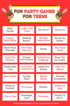 the fun party games for teens to play on christmas day, with reindeers and snowflakes