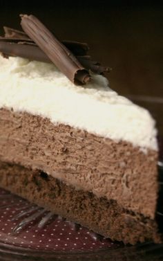 a piece of chocolate cake with white frosting