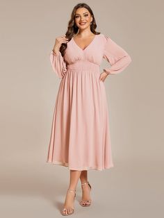 Plus Size Flowy Long Sleeves V-Neck Midi Chiffon Wedding Guest Dress #color_Pink Elopment Ideas, Koozie Ideas, Plus Size Wedding Guest Dress, Dress For Plus Size Women, Midi Wedding Guest Dress, Dress For Plus Size, Ballroom Reception, Grand Ballroom, Candlelit Dinner