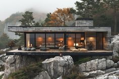 a modern house on top of a rocky cliff