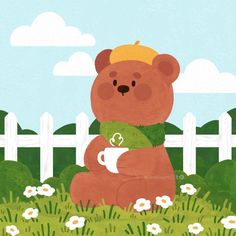 a brown teddy bear holding a cup in its paws and sitting on the grass with daisies