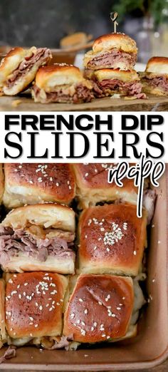 several different types of sliders in a tray with the words french pig sliders recipe