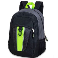 a black and green backpack with neon accents on the front, two zippers at the bottom