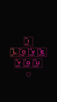 the word love spelled in pink on a black background with hearts and other words below it