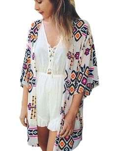 PRICES MAY VARY. Chiffon Printed Cardigan Kimono Robe Tops Fashion kimono style, flower print, bat sleeve, open placket, drop shoulder, relaxed fit, soft and lightweight material This blouse goes well over a tank top(t-shirt) with jeans or shorts. You also can wear it as bikini, swimsuit cover up on the beach Suitable for most occasions, it's perfect for beach, resorts, swimming pools, holiday, home, casual days Gentle machine washing or hand washing in cold water Fashion Chiffon Cardigan Kimono Fashion Kimono, Water Fashion, Chiffon Cardigan, Cardigan Kimono, Bat Sleeve, Tops Fashion, Kimono Style, Beach Tops, Printed Cardigan