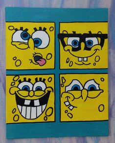 four square paintings with different faces painted on them, one is yellow and the other is blue