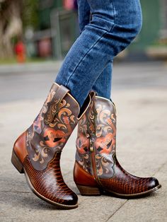 ··With a rock star style guitar print design and the finest leather construction, these western boots take your footwear game to the next level and ensure a rockstar look. 1.45'' heel 12.5 shaft 14.8 circumference Pull-on Genuine leather upper Leather / Textile lining Leather footbed Leather midsole Rubber sole Rockstar Look, Rock Star Style, Guitar Print, Heel Boots For Women, Reindeer Headband, Designer High Heels, Leather Western Boots, Star Style, Rock Roll