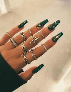 Iris Ring, Emerald Nails, Baby Blue Nails, Green Nail Designs, Heart Nail, Green Nail, Summer Acrylic Nails, Prom Nails, Nail Arts