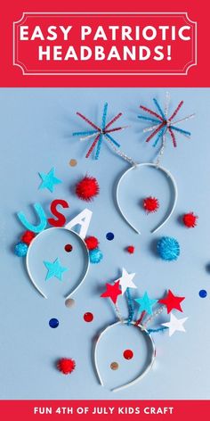 some red, white and blue decorations are on a blue surface with confetti