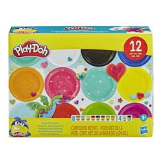 play - doh set with 12 different colors and shapes in the box, including one disc