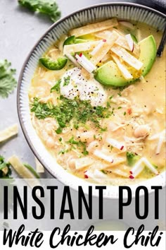 instant pot white chicken chili with avocado and cilantro in a bowl