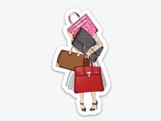 Handbag Lady Vinyl Sticker Includes 1 Handbag lady vinyl sticker - fashion lady holding an armful of fashion bags! Thick, durable vinyl protects your stickers from scratches, water & sunlight. Dishwasher safe.  Each sticker is printed on a thick, durable vinyl with a matte finish-giving the sticker a premium look & feel.  Sticker measures 3" x 1.64" Matching stationery, greeting cards, notecards, envelopes and other products available in our store; feel free to browse the different Sections. ets Trendy Shopping Bags With Luggage Sleeve, Trendy Shopping Bag With Luggage Sleeve, Casual Red Bag With Luggage Sleeve, Trendy Bag With Luggage Sleeve, Trendy Bag With Luggage Sleeve As Gift, Fashion Lady, Brown Fashion, Red Brown, Fashion Handbags