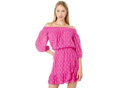 Lilly Pulitzer Rochelle Romper - Women's Jumpsuit & Rompers One Piece : Plumeria Pink Daiquiri Ditsy Rayon Clip : The Lilly Pulitzer Rochelle Romper is the perfect mix of vibrant color and feminine details. The off-the-shoulder neckline features smocked styling, while a flounced hem accents the skirted bottom. Lightweight with breathable material. Off-the-shoulder smocked romper with a flounced skirted bottom. Skims the body. Roomier fit. Daiquiri Ditsy Rayon Clip. 100% rayon. Hand wash, dry Summer Off-shoulder Smocked Dress With Ruffles, Summer Strapless Off Shoulder Dress With Ruffle Hem, Summer Off Shoulder Dress With Ruffle Hem, Feminine Ruched Off Shoulder Dress For Spring, Feminine Ruffled Off Shoulder Dress, Strapless Off Shoulder Dress With Ruffle Hem For Summer, Fitted Off Shoulder Dress With Smocked Bodice, Off-shoulder Smocked Dress With Ruffles, Feminine Off-shoulder Evening Dress