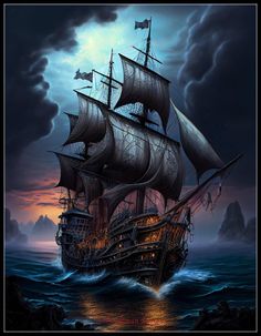 a painting of a pirate ship in the middle of the ocean at night with clouds