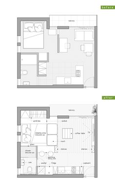 two floor plans showing the living room and bedroom areas, one with an open kitchen