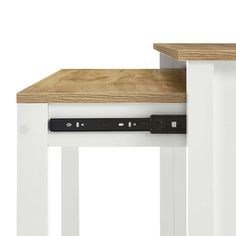 two white tables with wooden top and black metal handles