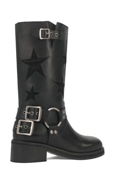 Celestial cutouts add a flash of playful style to a buckle-embellished moto boot that's destined for street-style stardom. 2" heel 12" shaft; 14" calf circumference Pull-on style Cushioned footbed Leather upper/textile lining/synthetic sole Imported Playful Style, Biker Boots, Nordstrom Store, Moto Boots, Anniversary Sale, Dream Clothes, Black Fits, Womens Boots, Leather Upper