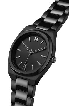 Defined by its '70s silhouette, this minimalist bracelet watch is reimagined with sleek hour indexes and finished with a coordinating link bracelet. 40mm case Deployant clasp closure Quartz movement Mineral crystal face Stainless steel with ionic blacktone plate Imported Modern Black Everyday Watches, Modern Matte Black Quartz Watch, Matte Black Modern Quartz Watch, Modern Black Matte Finish Watches, Black Minimalist Watch With Rectangular Dial, Black Stainless Steel Watch For Everyday, Black Stainless Steel Everyday Watches, Everyday Black Stainless Steel Watches, All Black Watches