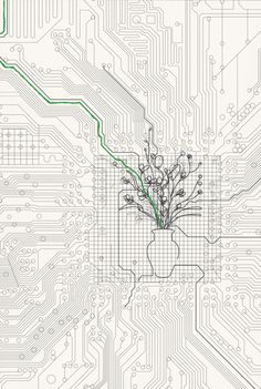 a computer circuit with a plant growing out of the center and green wires running through it