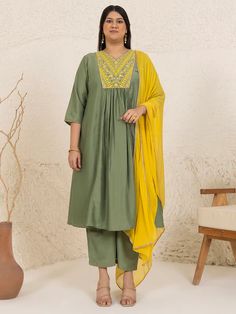 This is beautiful 3-piece set. The set comes with chinnon embroidered kurta has v neck, 3/4th sleeves and calf length teamed with solid flared palazzo pants and a chiffon dupatta with lace border. 3-piece set Color-Olive Green & Yellow Work - Yoke Embroidery Detailing Kurta Fabric-Chinnon Bottom Fabric - Chinnon Dupatta Fabric - Chiffon Kurta Length - 47 inch Sleeves- 3/4th Sleeveless Neck-V Neck Bottom Length - 37 inch Dupatta Length - 2.25 meter Care-Dry Clean or Hand wash Chiffon Kurta, Yoke Embroidery, Flared Palazzo, Embroidered Suit, Embroidery Detailing, Chiffon Dupatta, Lace Border, Churidar, Suit Set