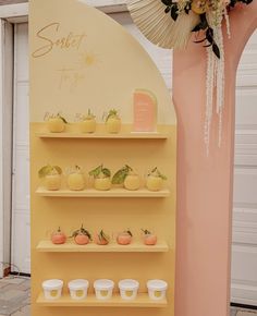 the shelves are filled with different types of desserts