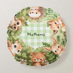 a green and white plate with animals on it that says, mattew's